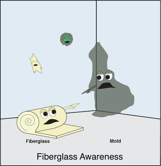 A cartoon drawing of a yellow bat of fiberglass pointing at a black blob of mold. The words Fiberglass Awareness are written at the bottom of the image.