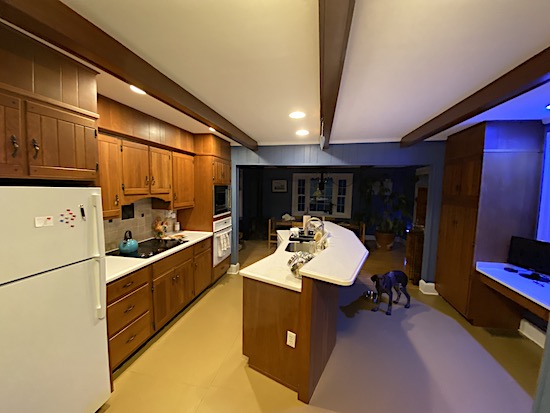 A kitchen with a brown floor, cherry wood cabinets and white countertops with a German Shorthaired Pointer puppy standing at his food dish on the right side of the island.
