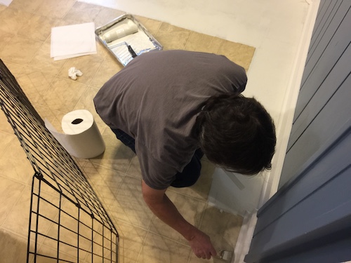 A man in a gray shirt painting a tan linoleum floor with a x-pen cage blocking the rest of the floor from the dogs