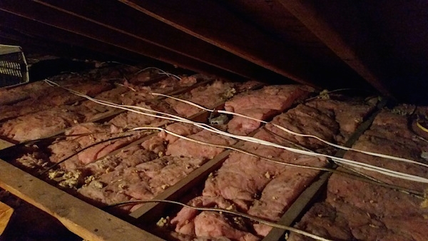 Pink fiberglass batts in-between the rafters up in an attic of a house with wires and an old cat crate laying off to one end.